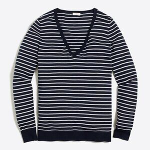 ** J. Crew Navy Striped 100% Cotton V-Neck Sweater Size S